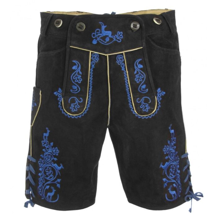Authentic Black Lederhosen with Blue Embroidery