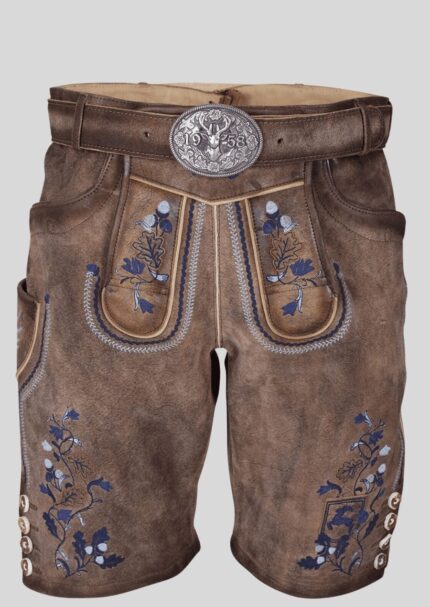 Embroidered Brown Lederhosen with Belt – Premium Goat Nappa